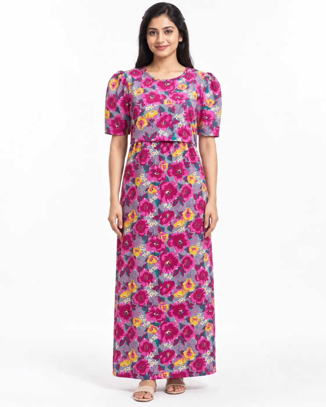 Bloom Puff sleeves Zipless Feeding Loungewear – Full Length 52 Inches