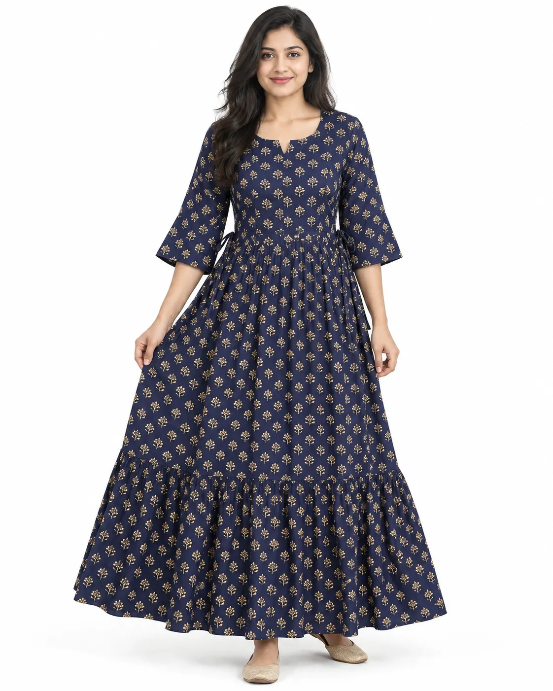 Blue Petal Maternity Maxi Full Length - Jaipur Cotton 3/4th Sleeves