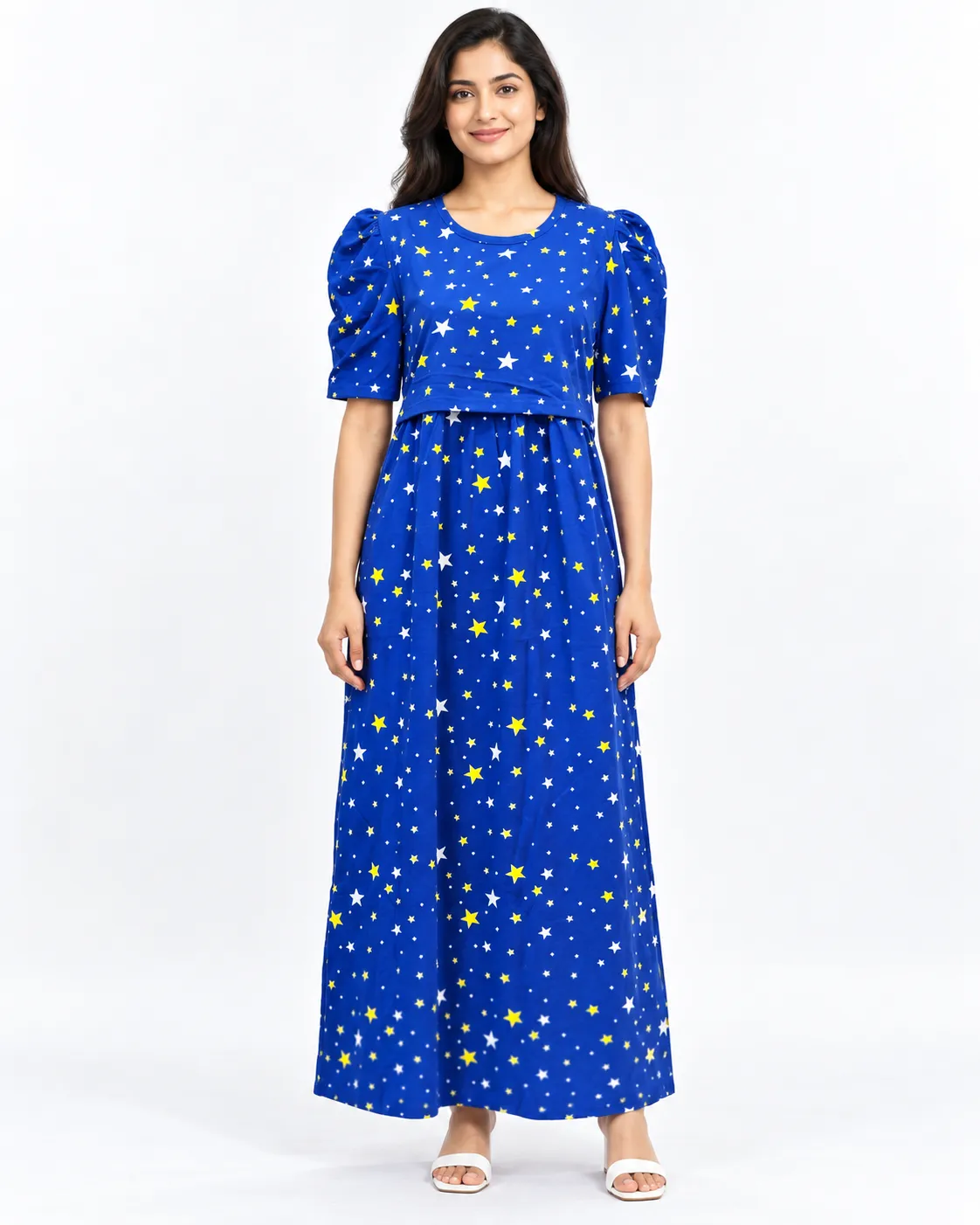 Blue Star Puff Sleeves Zipless Feeding Loungewear – Full Length 52 Inches