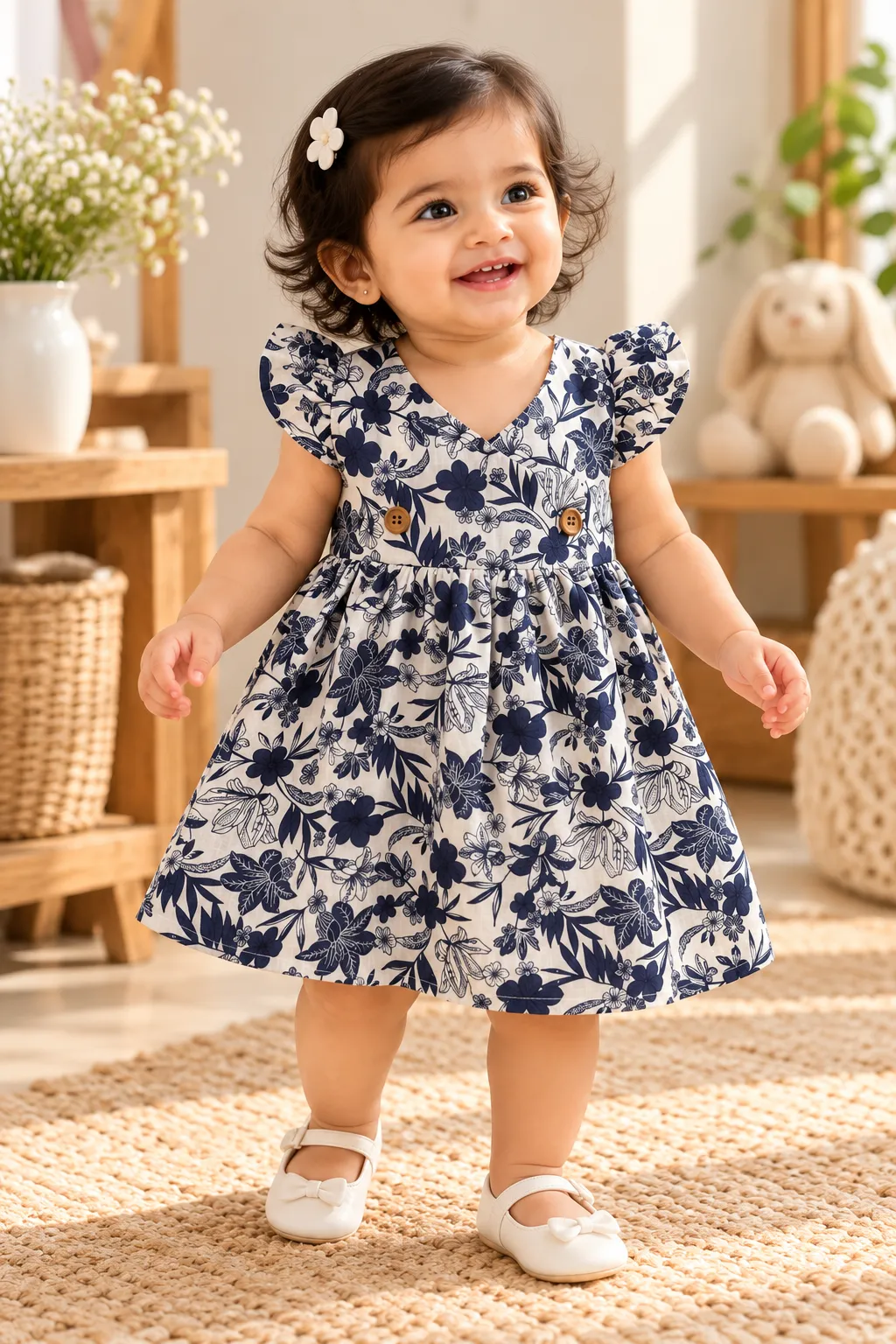 Blue with White Floral Muslin Cross Over Frock