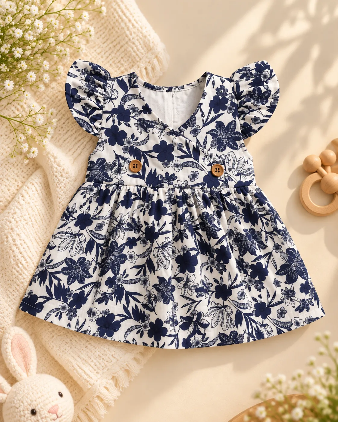 Blue with White Floral Muslin Cross Over Frock