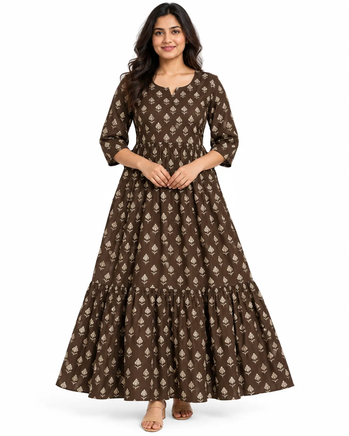 Brown Blossom Maternity Maxi Full Length Jaipur Cotton 3/4th Sleeves