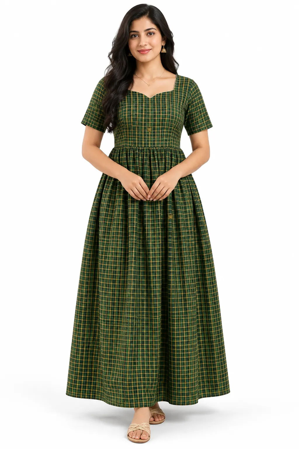 Raw silk Maternity Maxi / Gown - Festival Collection - Chettinad Green checks
