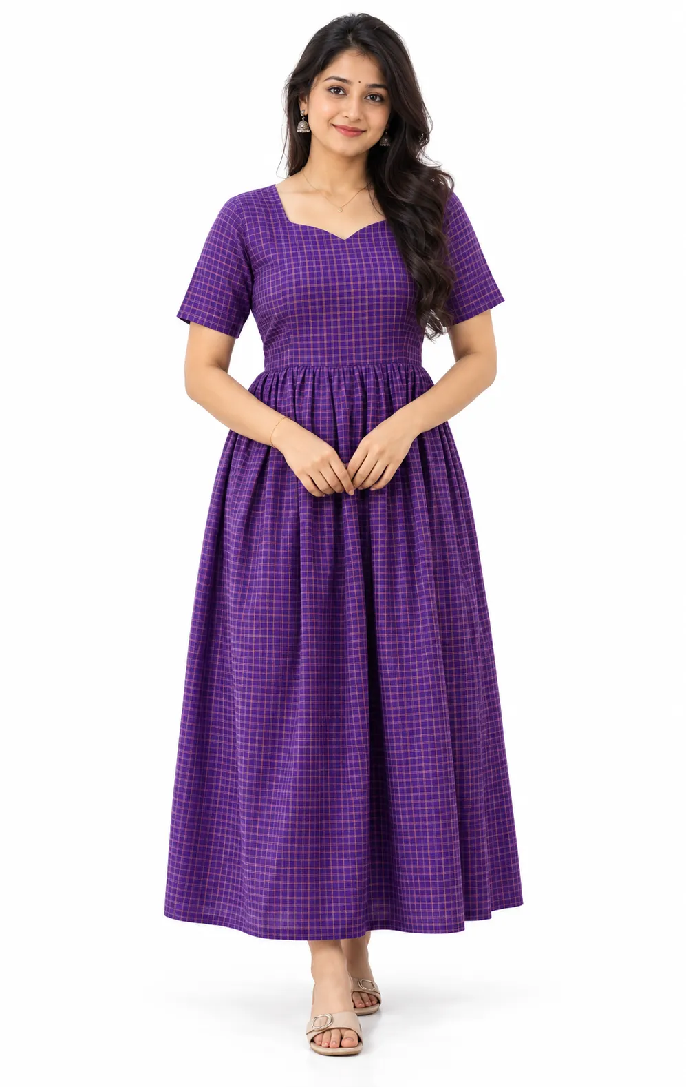 Raw Silk Maternity Maxi / Gown - Festival Collection - Purple Checks with Gold and Silver Zari