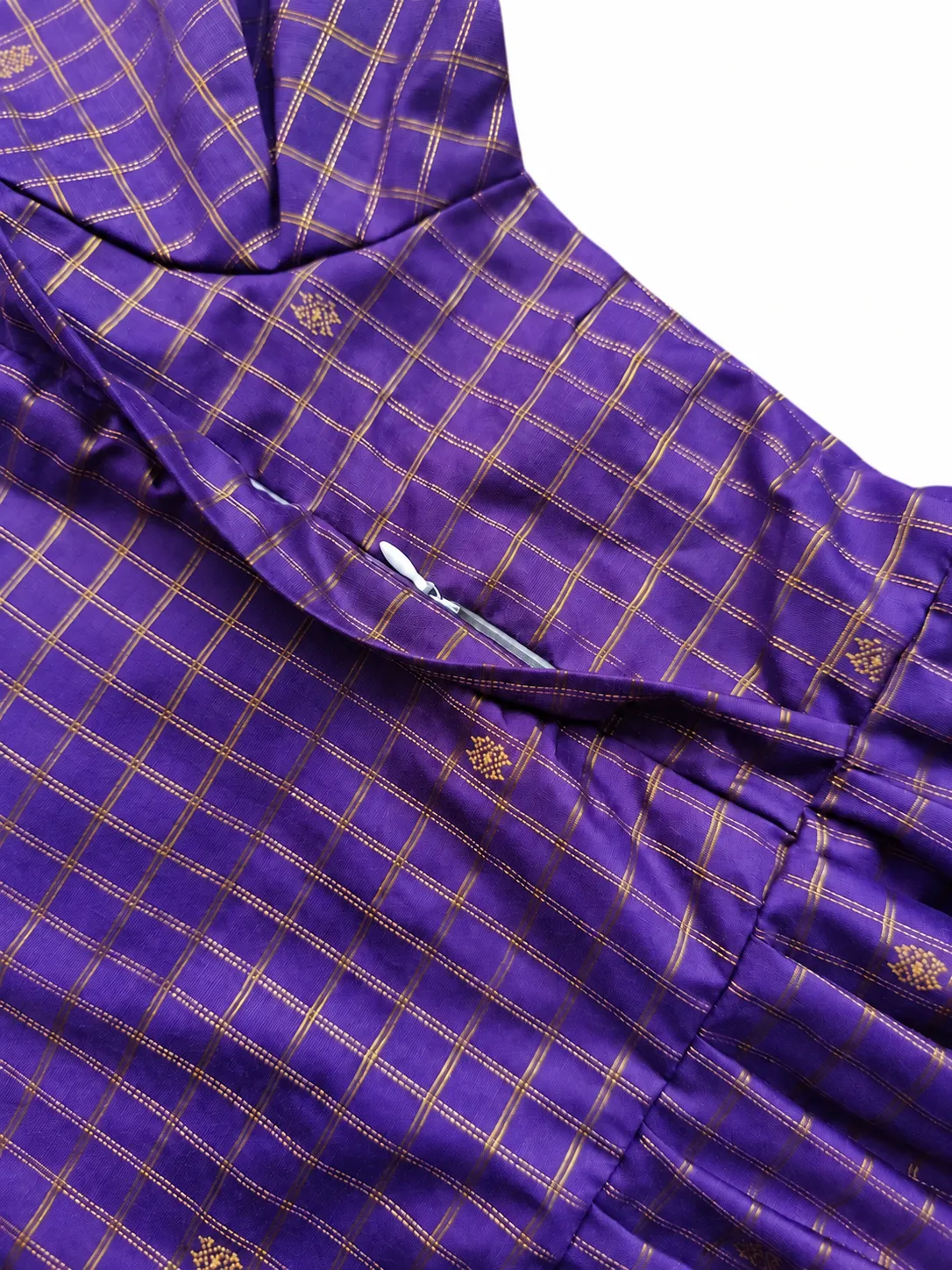 Raw Silk Maternity Maxi / Gown - Festival Collection - Purple Checks with Gold and Silver Zari
