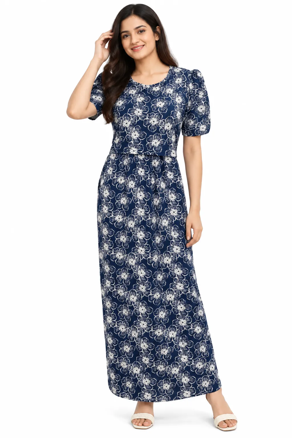 Electric Blue Puff sleeves Zipless Feeding Loungewear – Full Length 51 Inches