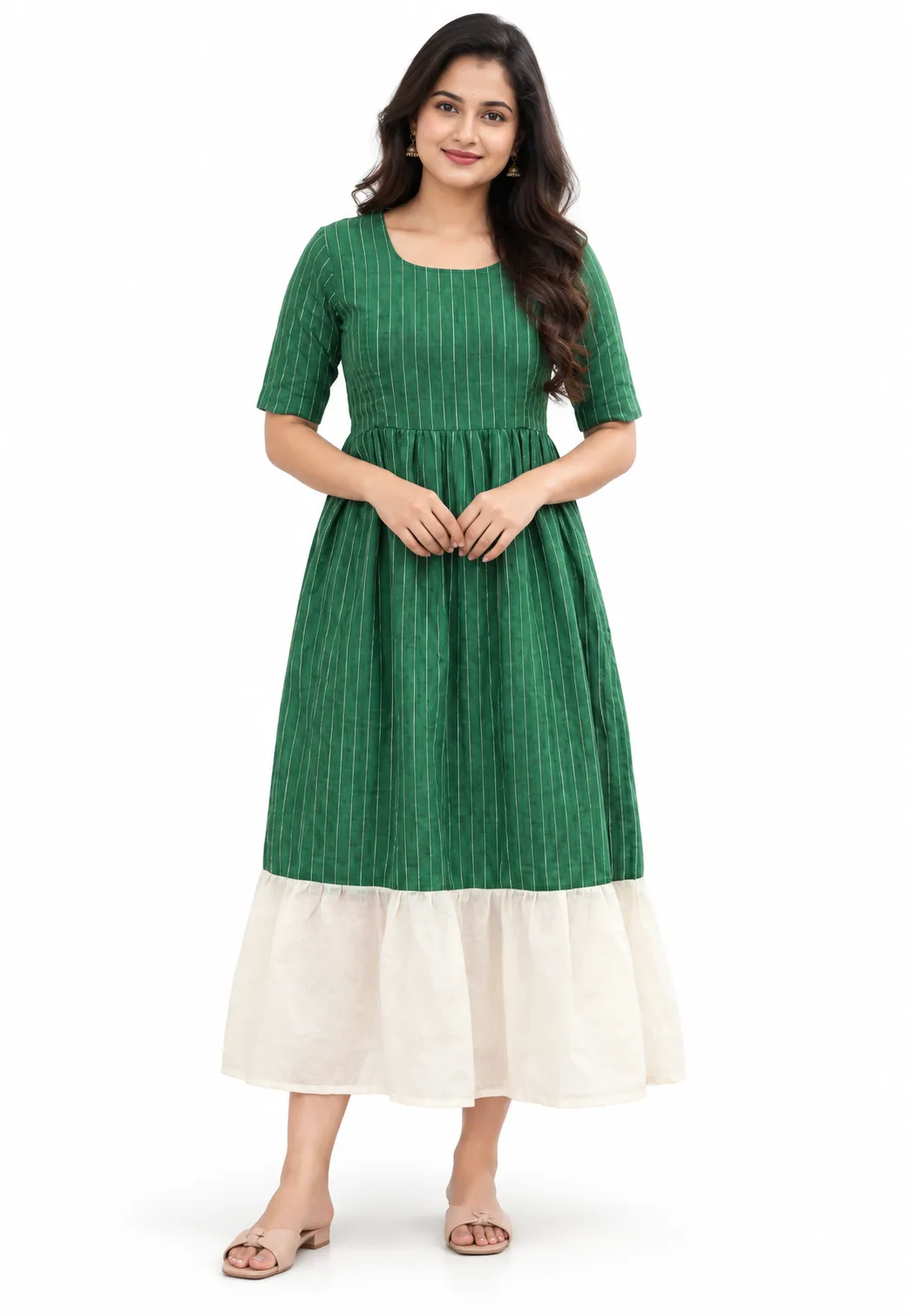 Cotton – Feeding / Maternity Maxi / Gown – Cotton Lining / Double Side Zip - Green Line