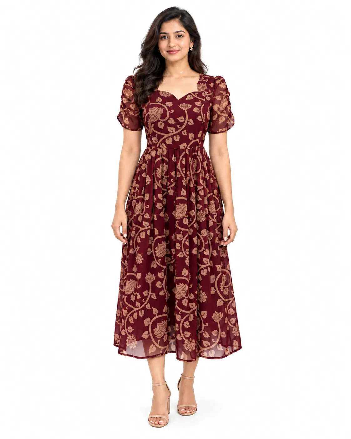 Maroon Floral Georgette Feeding Maxi Gathered Sleeve (invisible zips)