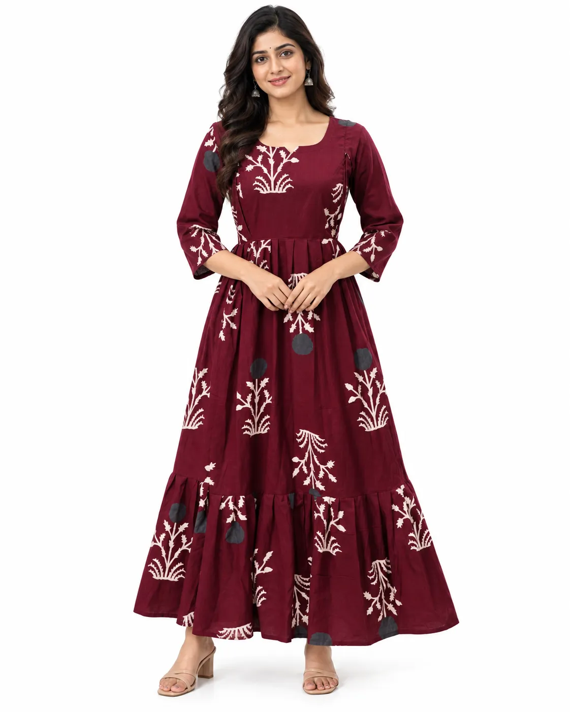 Maroon Blossom Maternity Maxi Full Length Jaipur Cotton 3/4th Sleeves