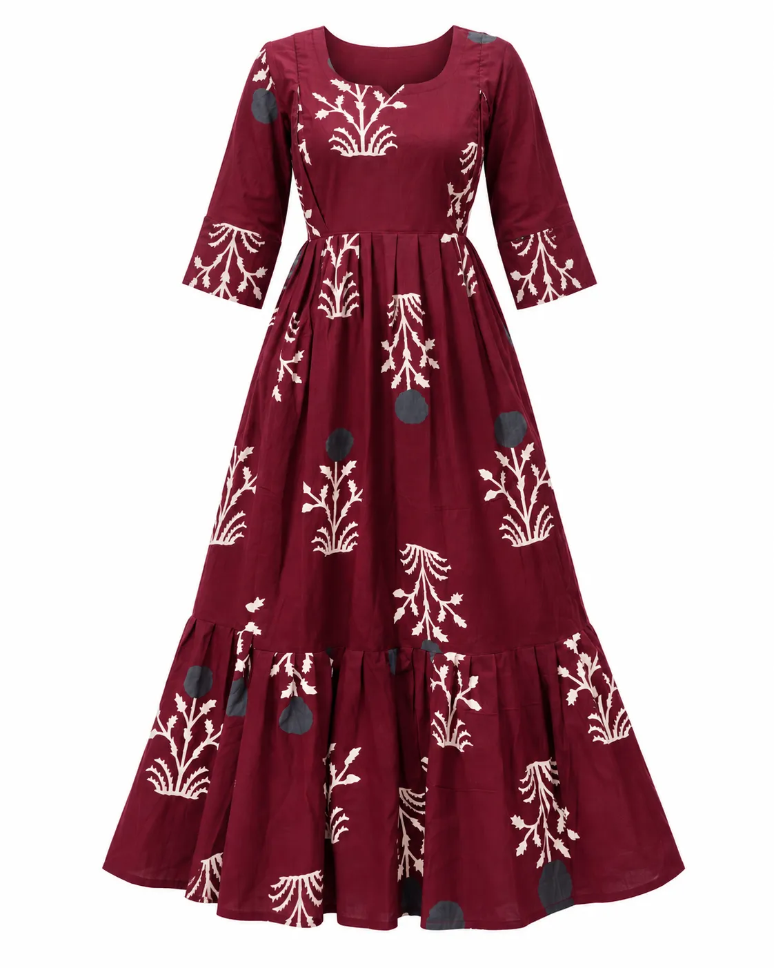 Maroon Blossom Maternity Maxi Full Length Jaipur Cotton 3/4th Sleeves