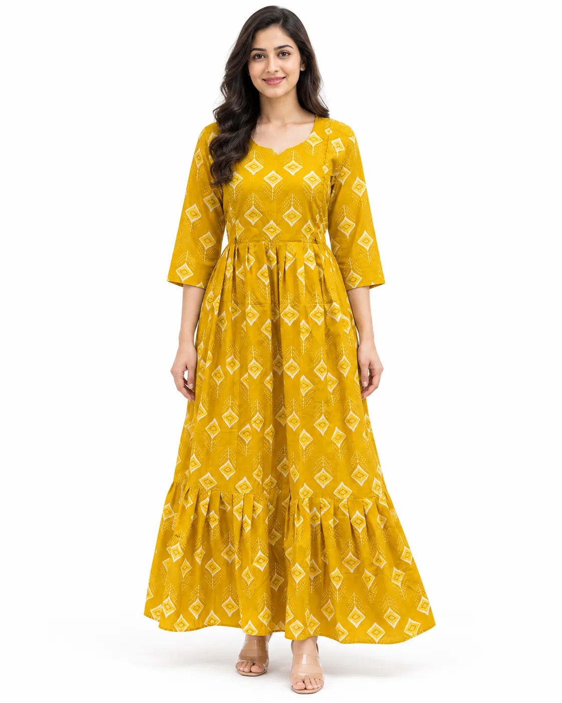 Mustard Maternity Maxi Full Length Jaipur Cotton 3/4th Sleeves