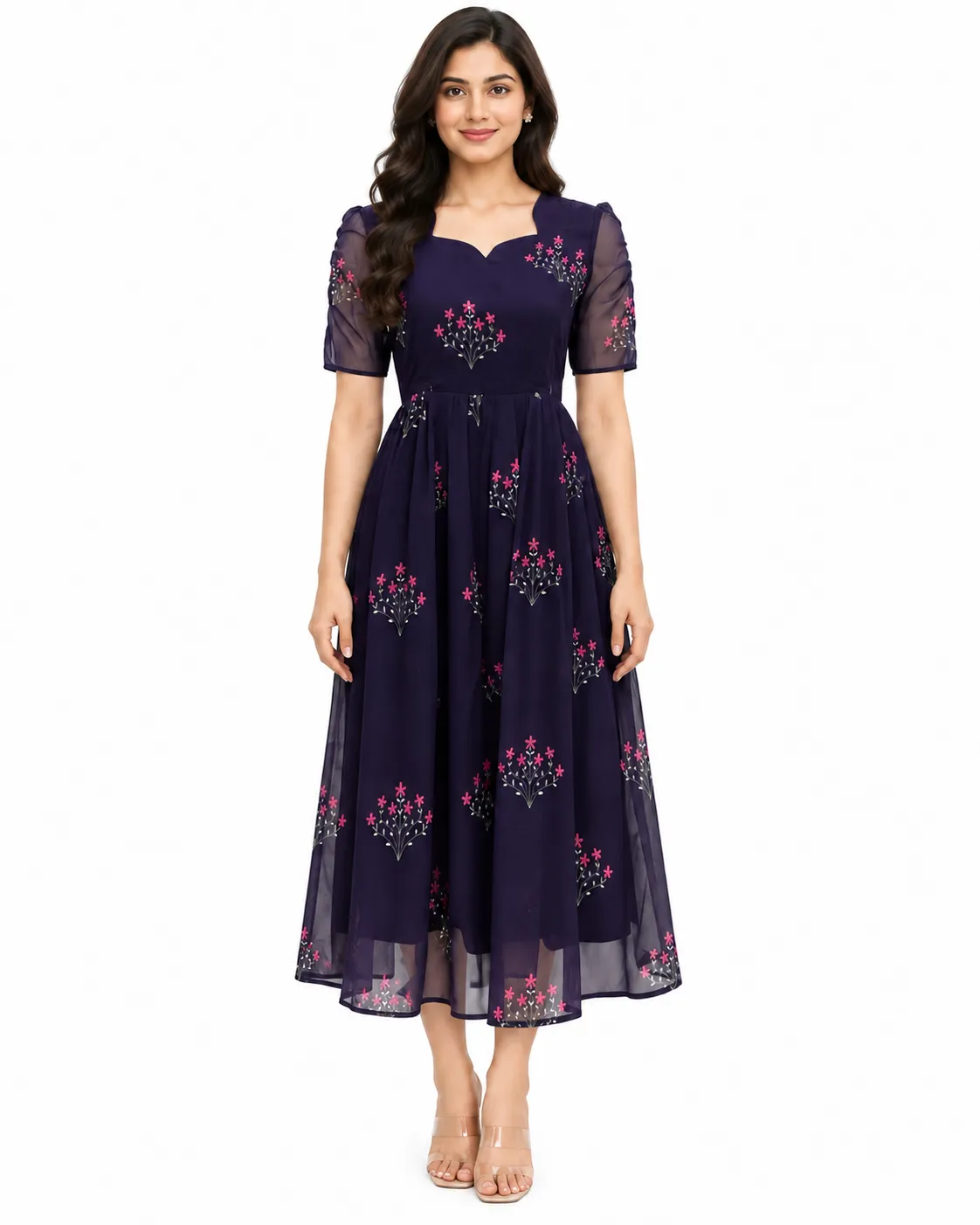 Navy Blue Georgette Feeding Maxi  Gathered Sleeve (invisible zips)