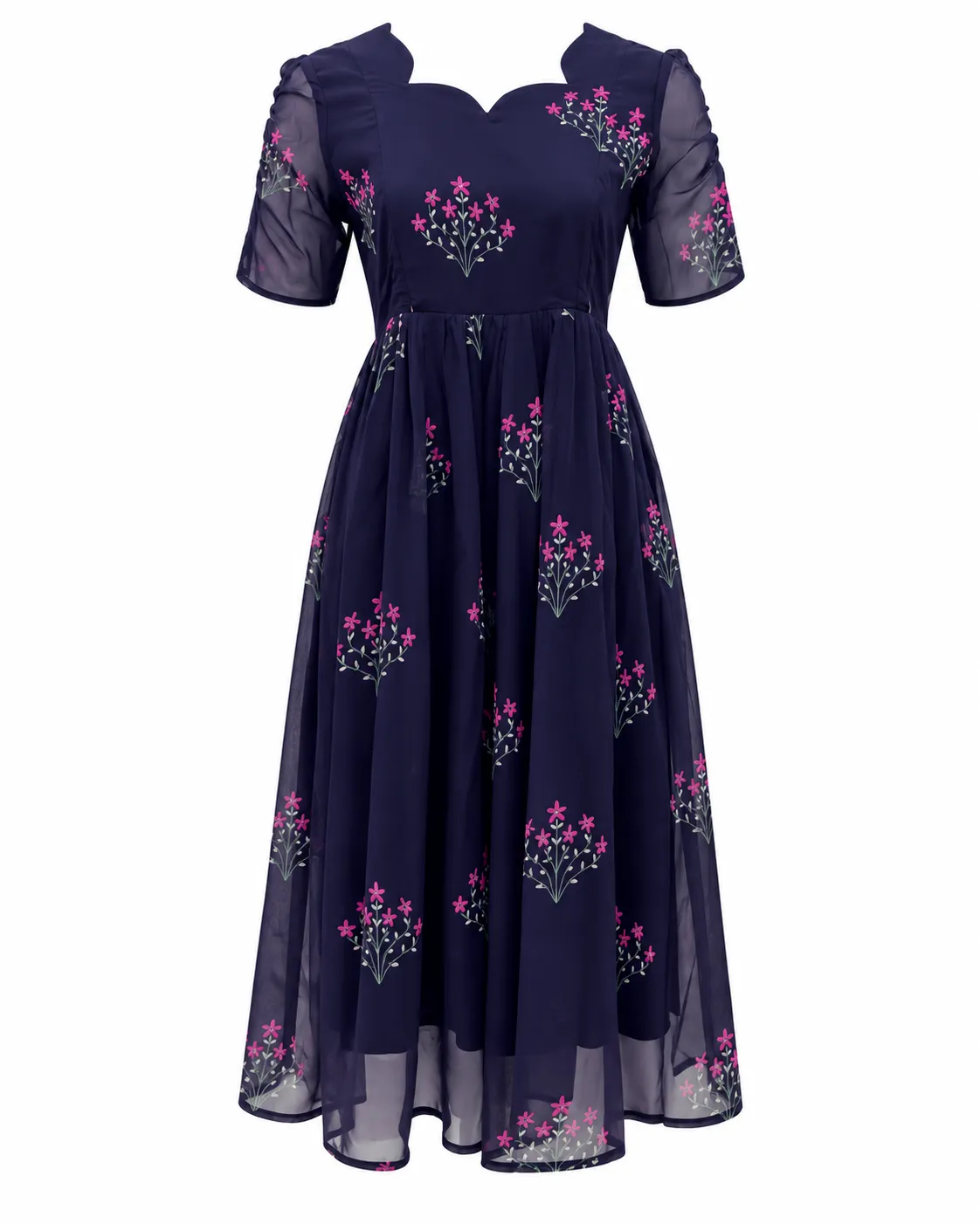 Navy Blue Georgette Feeding Maxi  Gathered Sleeve (invisible zips)