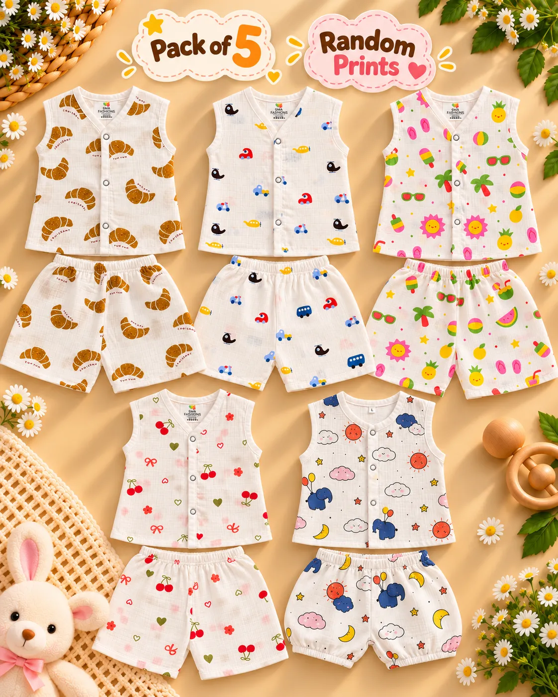 New Born Muslin Jablas With Shorts – Pack of 5