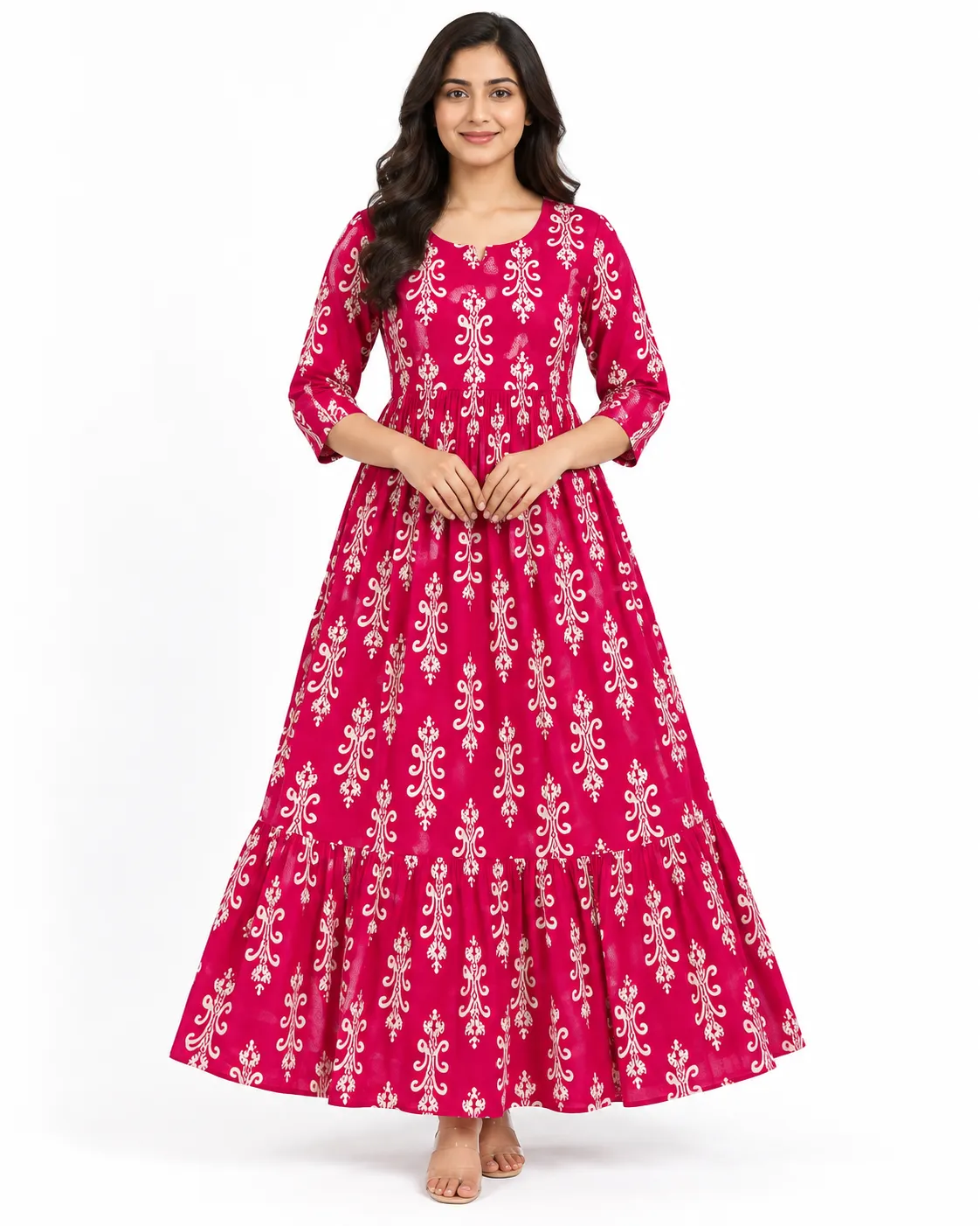 Pink Petal Maternity Maxi Full Length Jaipur Cotton 3/4th Sleeves