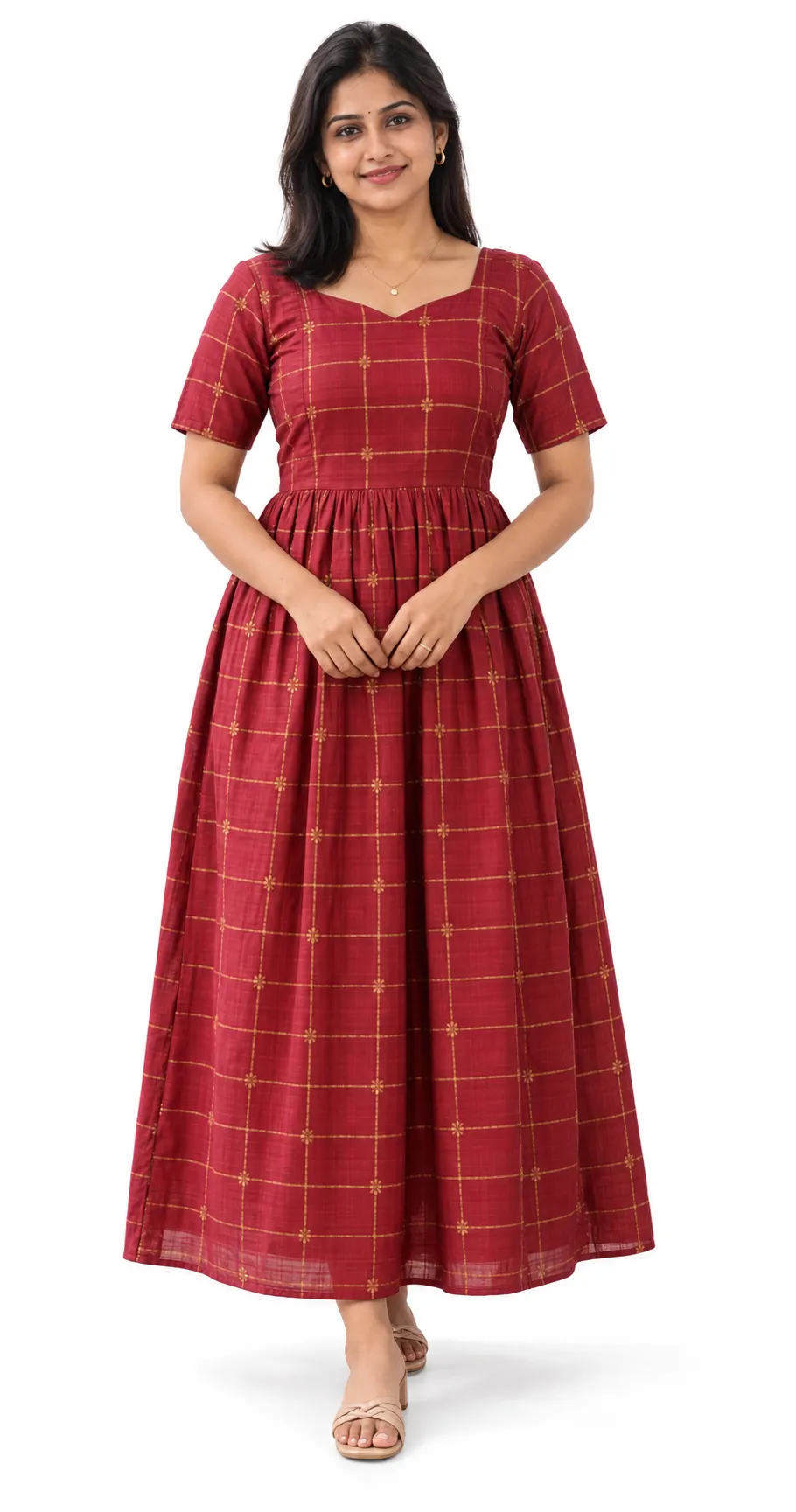 Raw Silk Maternity Maxi / Gown - Festival Collection - Red Checks with Gold and Silver Zari