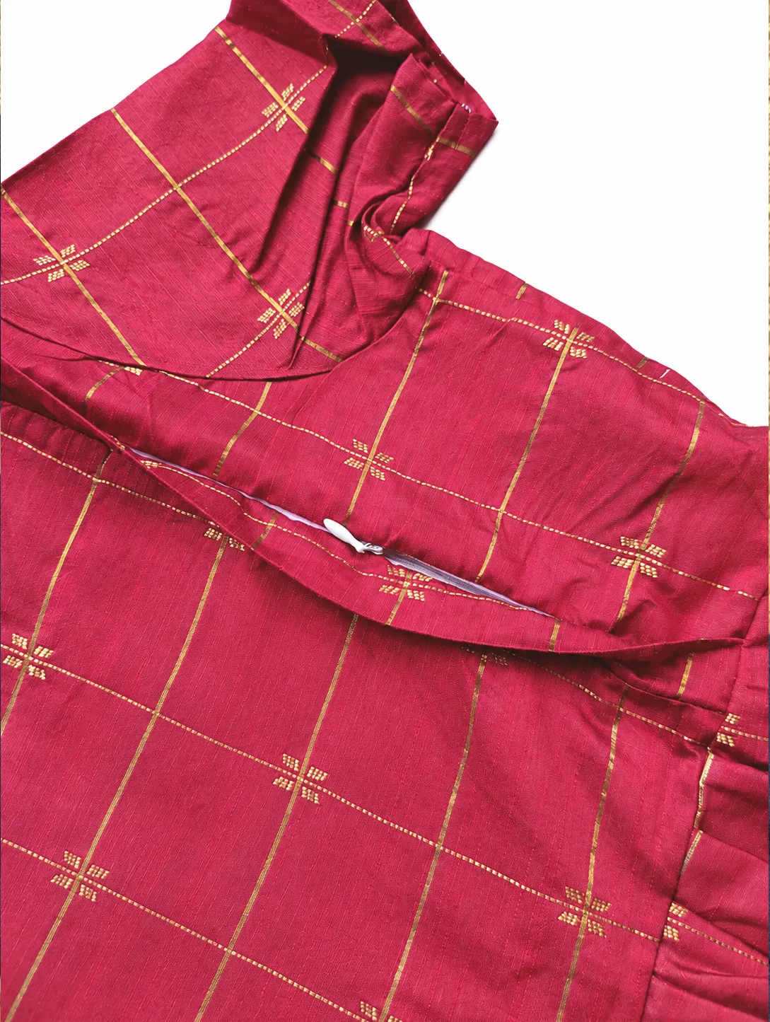 Raw Silk Maternity Maxi / Gown - Festival Collection - Red Checks with Gold and Silver Zari