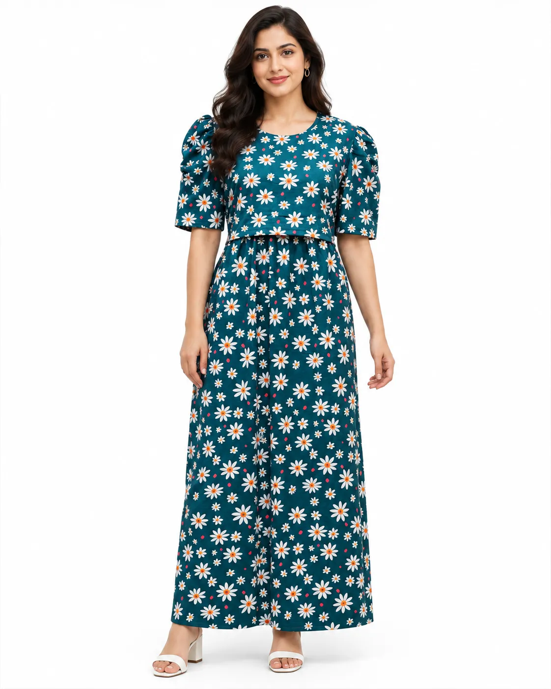 Royal Green Puff Sleeves Zipless Feeding Loungewear – Full Length 52 Inches