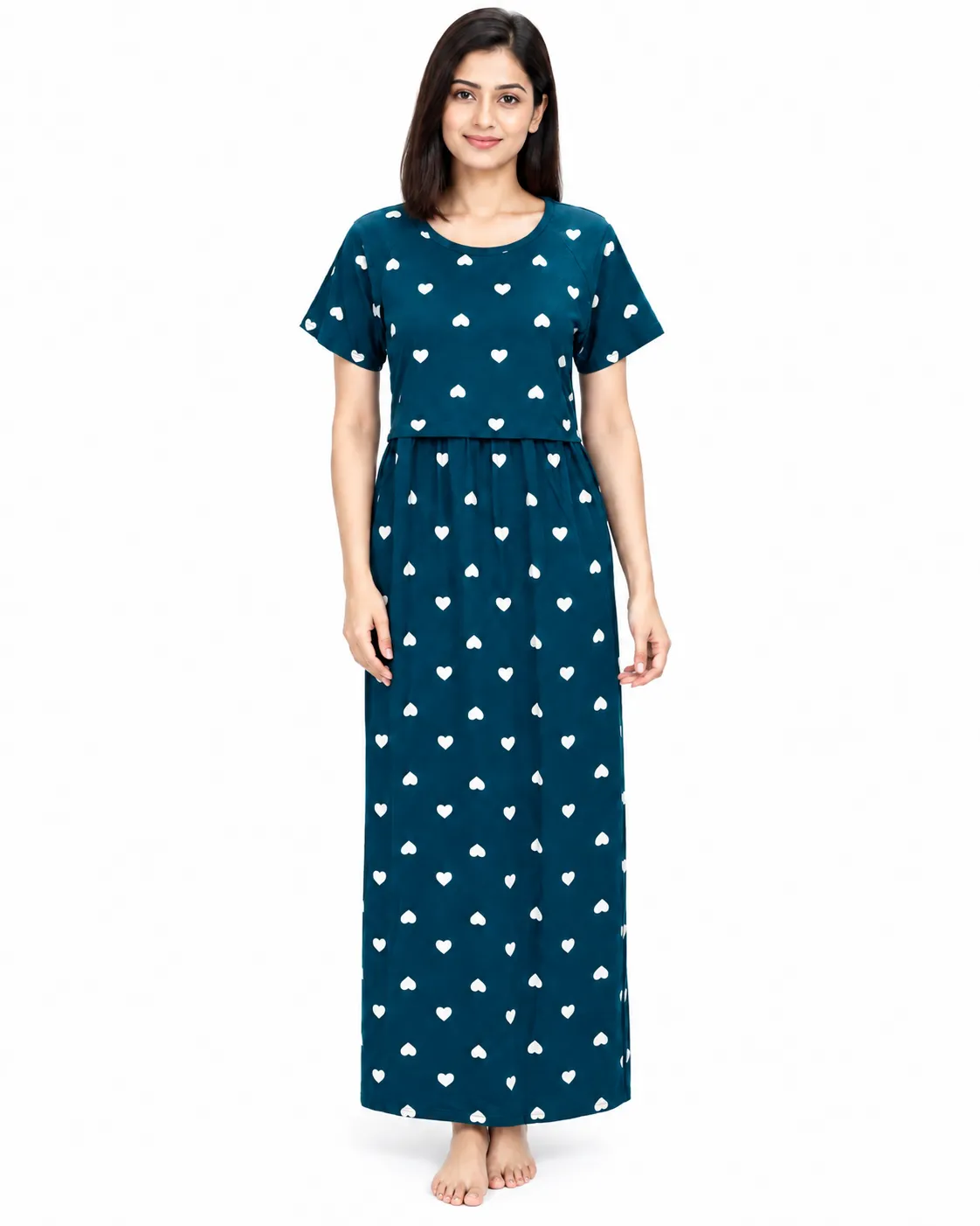 Teal Green Hearts Zipless Feeding Loungewear – Full Length 51 Inches