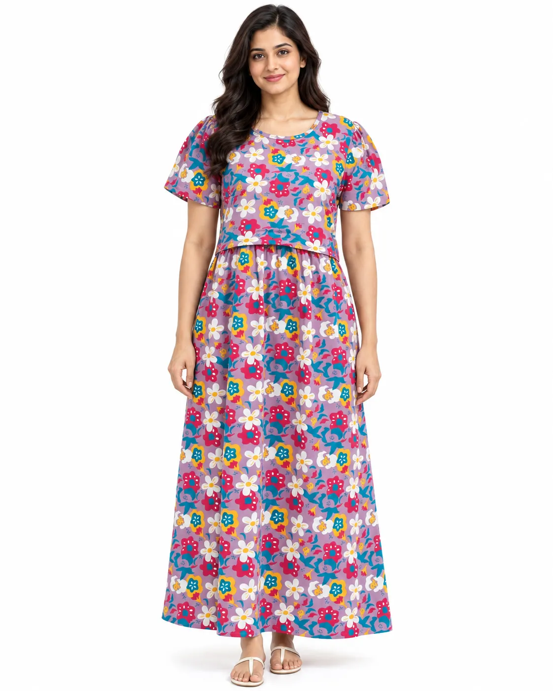 White Blossom Zipless Feeding Loungewear – Full Length 52 Inches
