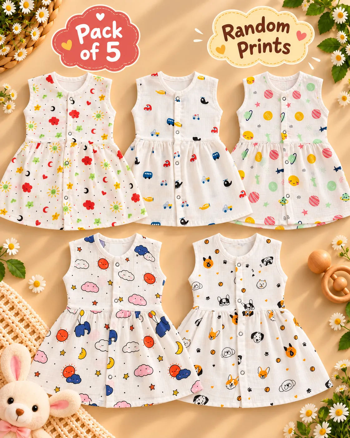 Muslin Sleeveless White Frocks Premium Quality (Pack of 5)